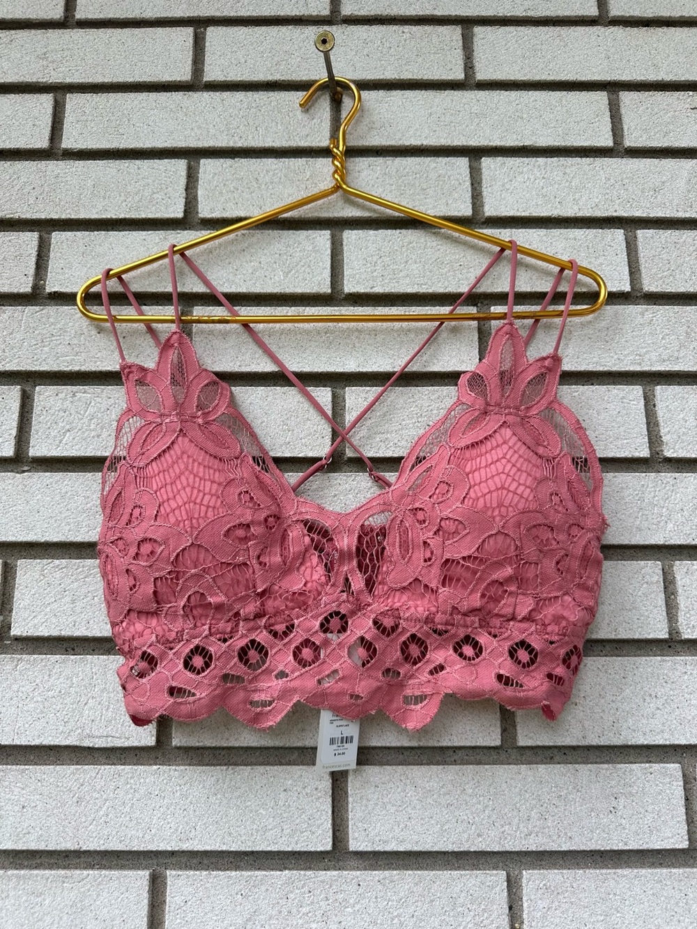Francesca’s Dina Be Lace Bralette L Pink Floral Crochet Strappy Boho NWT